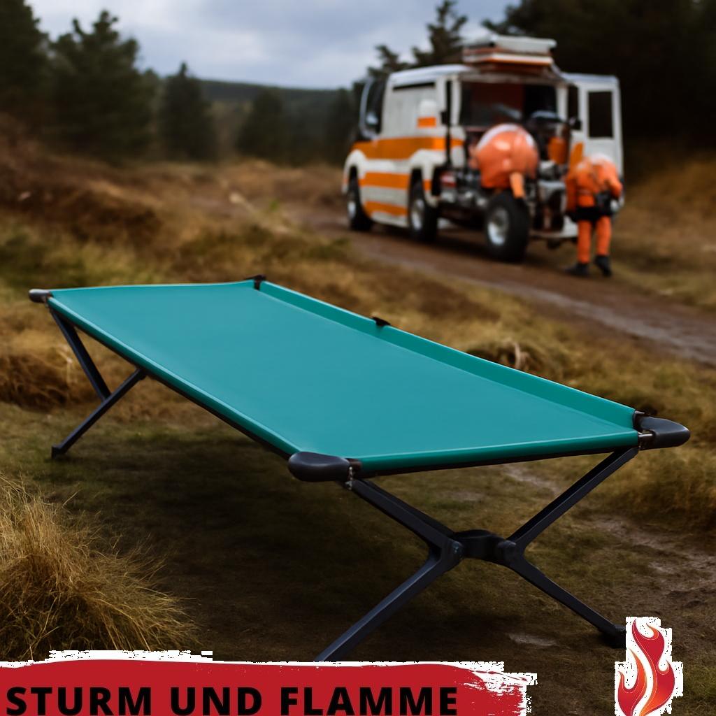 Alt-Text: Biokompatibler Feldbett aus nachhaltigen Materialien als Teil einer modernen Notfallausrüstung, bereit für den Einsatz im Rettungswesen.