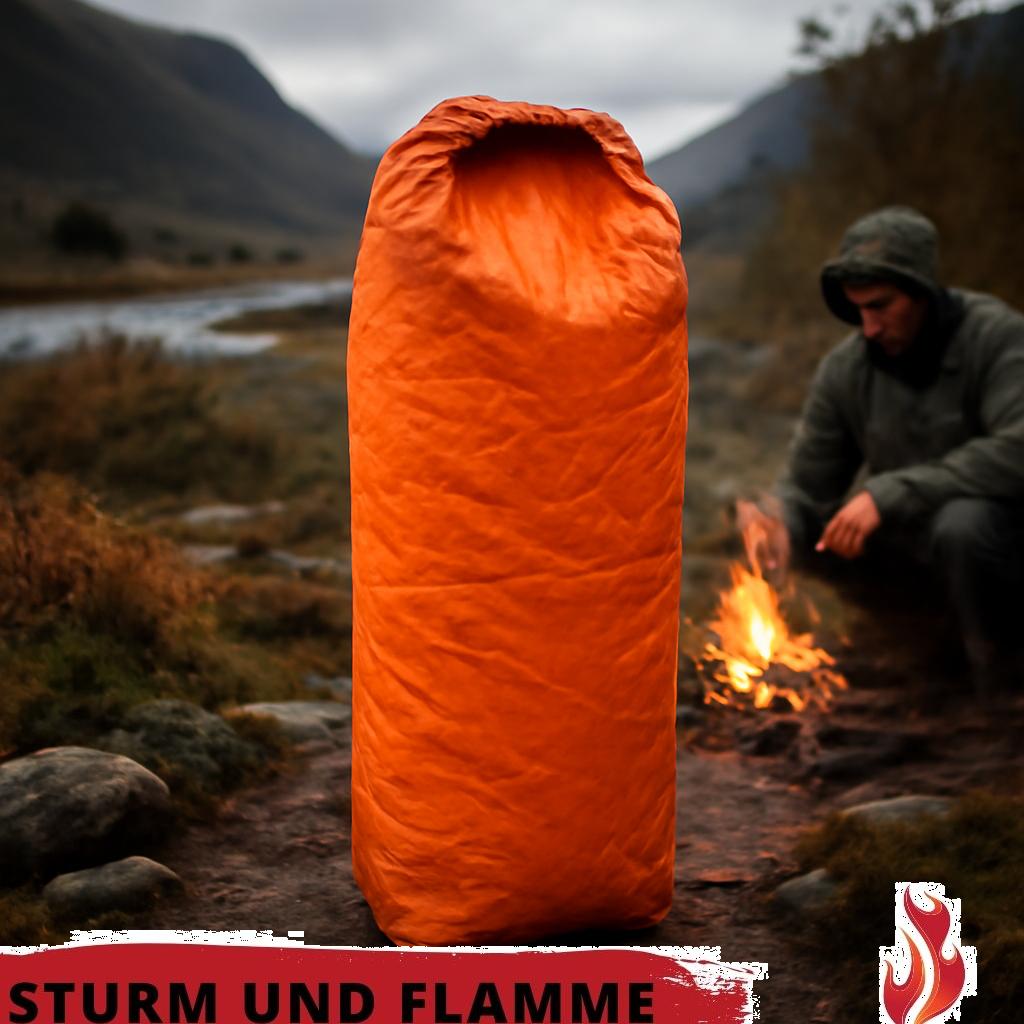 Alt-Text: Wasserdichter Schlafsack in robuster Außenhülle, ideal für Notfallausrüstung bei Outdoor-Einsätzen.