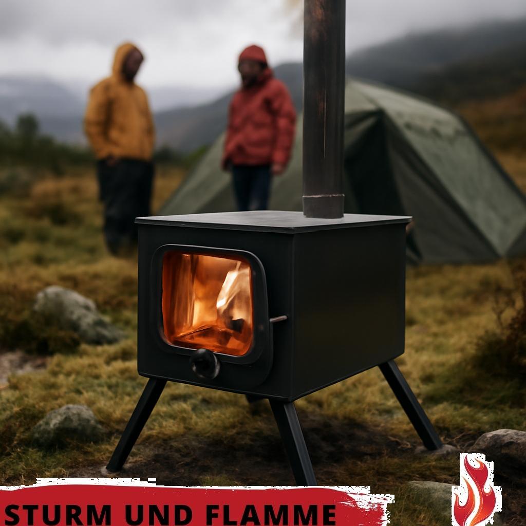 Kompakter Zeltofen aus robustem Metall in Notfallausrüstung, ideal für sicheres und effizientes Heizen im Zelt bei Outdoor-Abenteuern.