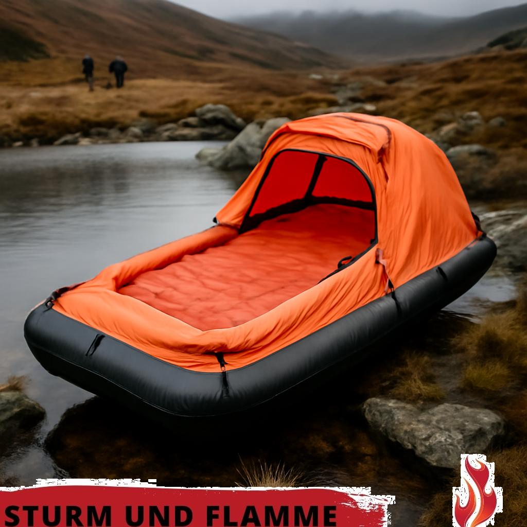 ALT-Text: Schwimmendes Schlafsackbett als wichtige Notfallausrüstung auf einem ruhigen See, bereit für sicheres Übernachten im Wasser.