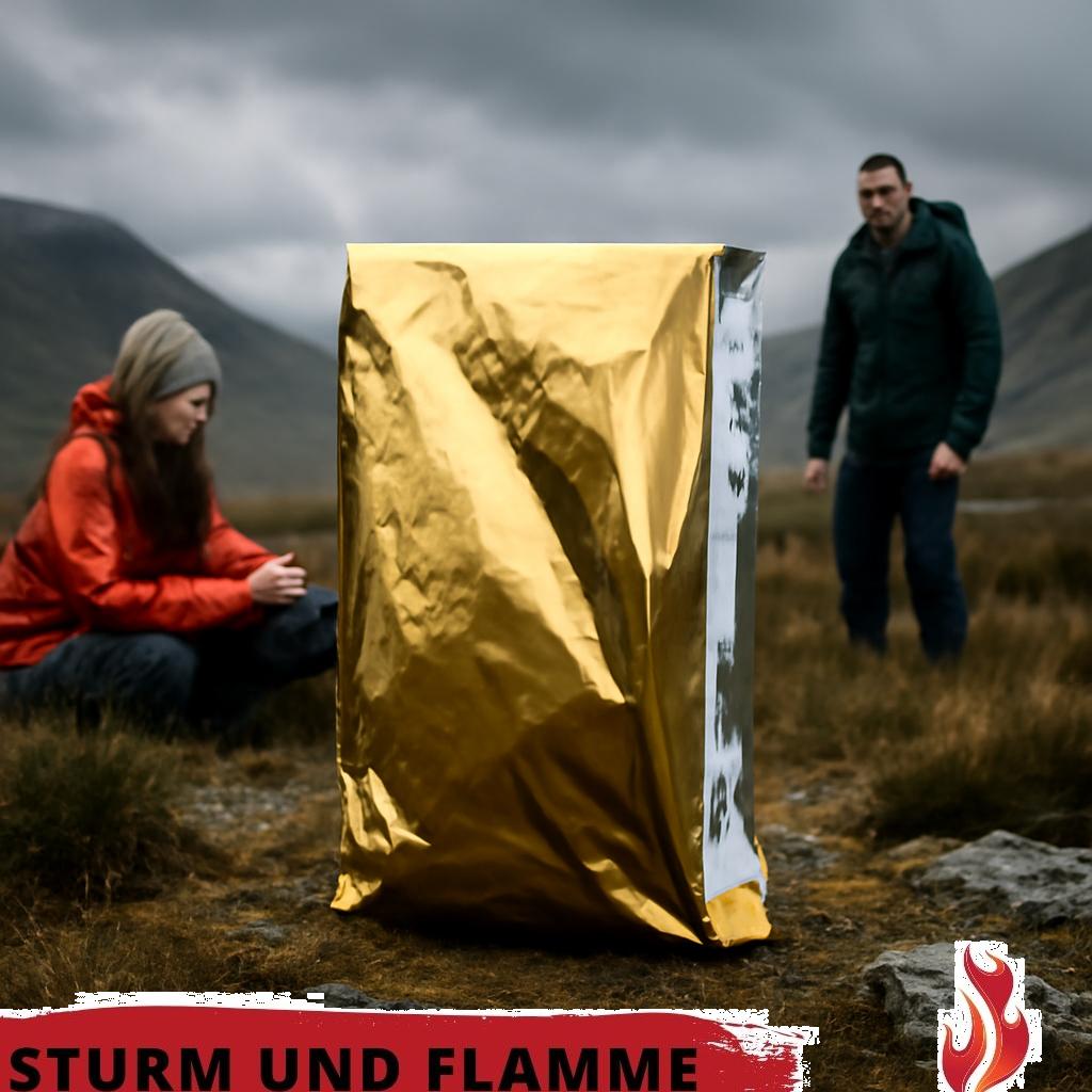 ALT Text: Wärmereflektierende Rettungsdecke aus der Notfallausrüstung, sorgsam ausgebreitet, zeigt ihre silberne reflektierende Oberfläche zum Schutz vor Kälte.