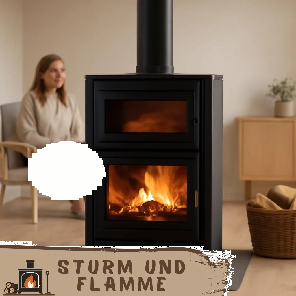 Kaminofen mit Backfach und Sichtscheibe in gemütlichem Wohnzimmer