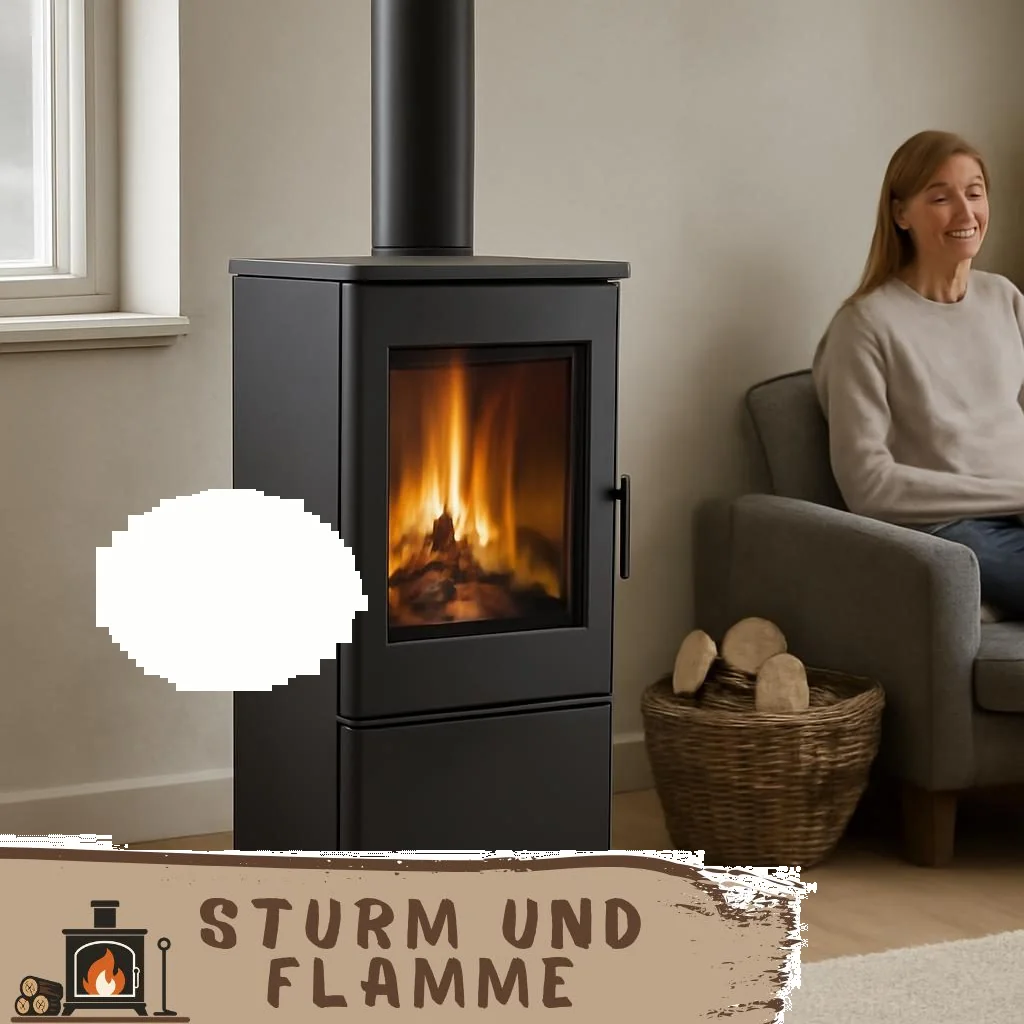 Stahl-Kaminofen im Wohnzimmer, sichtbare Flammen durch Glasfenster
